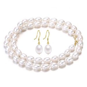 6-7mm Hand Strung Natural Rice Pearl Necklace Earring Set